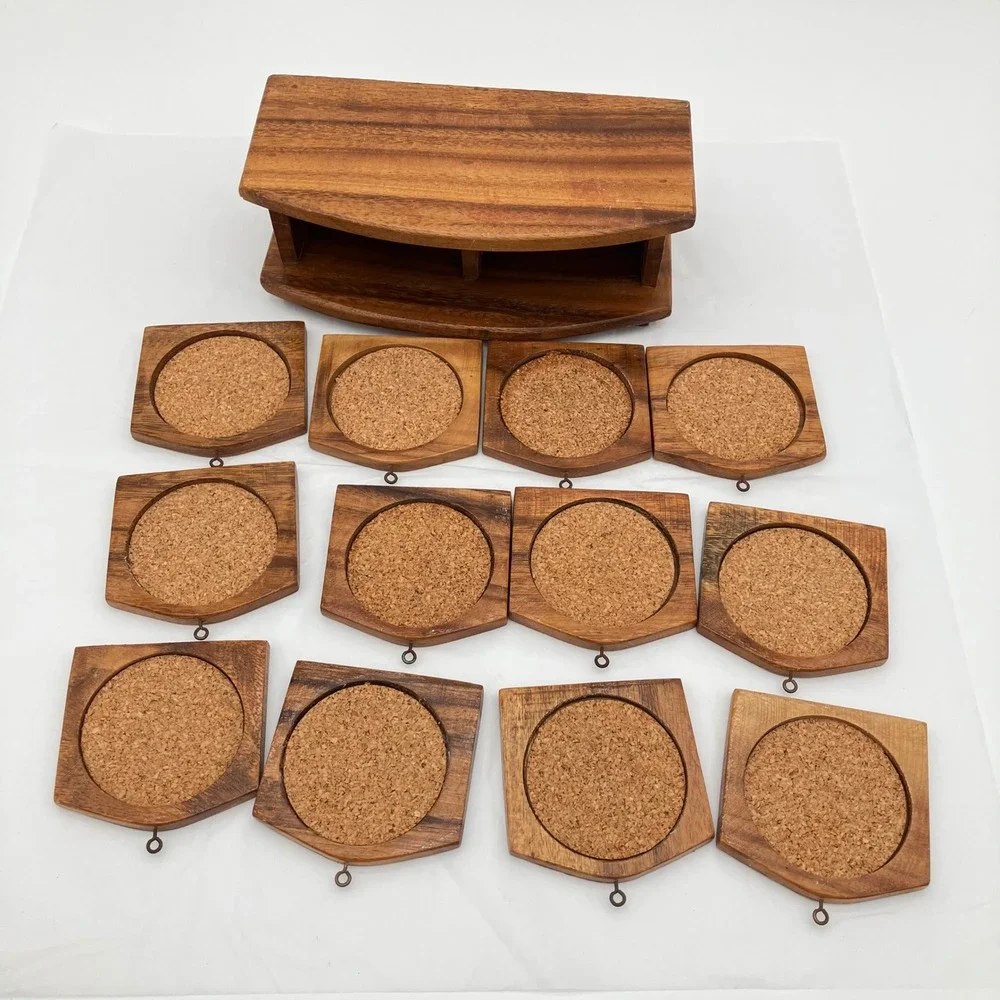 Vintage Wood Coaster Set MCM 12pc Brown Cork Lined with Holder